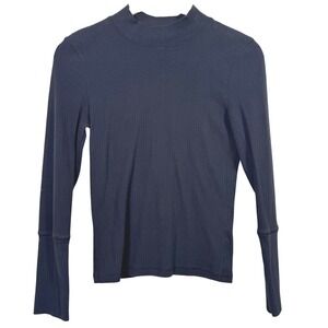 Free People Womens Shirt Medium Black Ribbed‎ Mock Neck Long Sleeve Base Layer